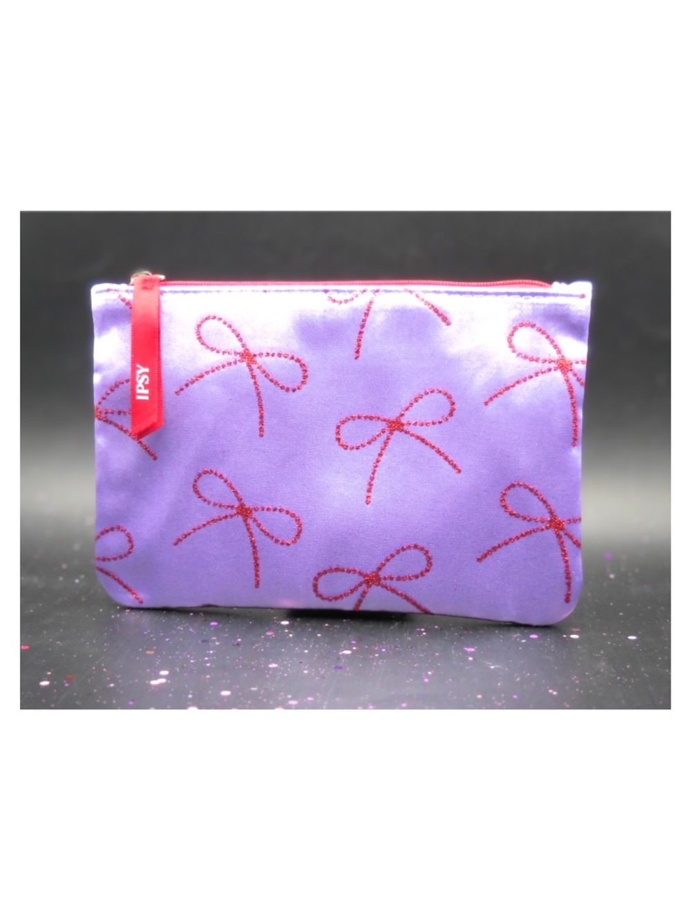 IPSY Satin Finish Makeup Bag w/Red Glitter Bows & Ribbon Pull Zipper NEW!